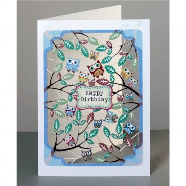 Happy Birthday - ugler og blade -  dobbelt kort med kuvert