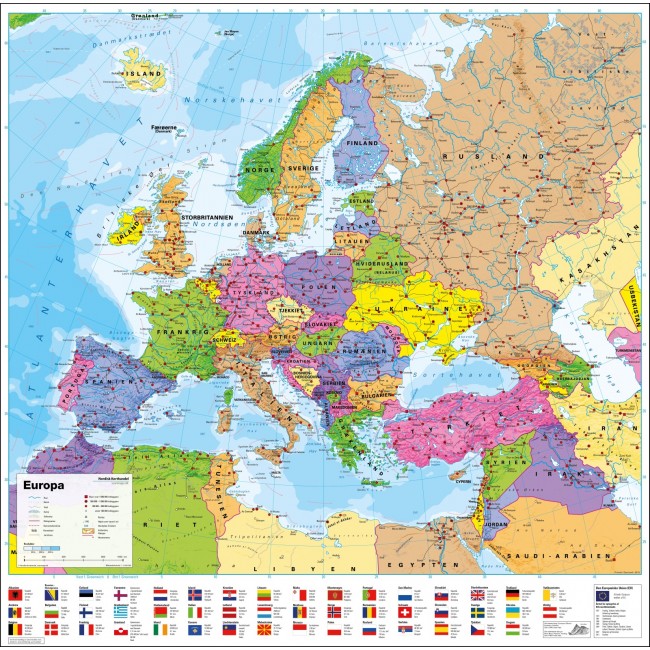 Kort Over Europa Europa politisk med flag   Vægkort   Nordisk Korthandel   Nordisk  Kort Over Europa