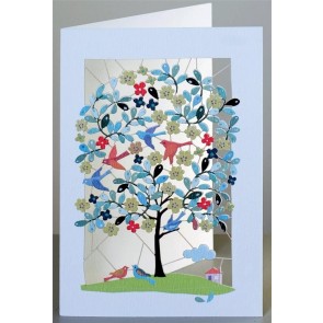 Træ med fugle og hus - dobbelt kort med kuvert